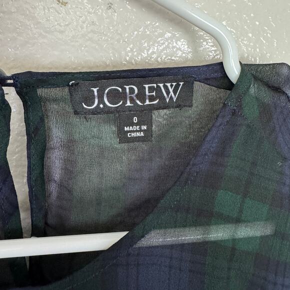 J.Crew Chiffon Shirred-Waist Top Sz 0 Green Blue Black Watch Tartan Long Sleeve - Picture 4 of 7